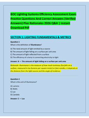 Preview of BOC Lighting Systems Efficiency Assessment Exam  Practice Questions And Correct Answers (V