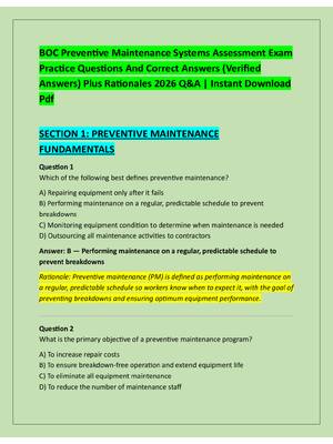 Preview of BOC Preventive Maintenance Systems Assessment Exam  Practice Questions And Correct Answers
