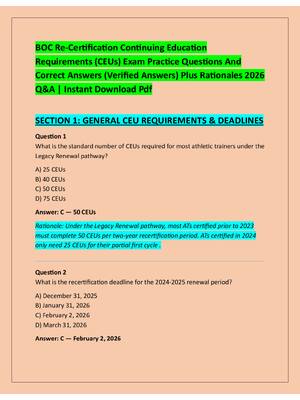 Preview of BOC Re-Certification Continuing Education  Requirements (CEUs) Exam Practice Questions And  Correct Answers (Verified Answers) Plus Rationales 2026  Q&amp;A | Instant Download Pdf