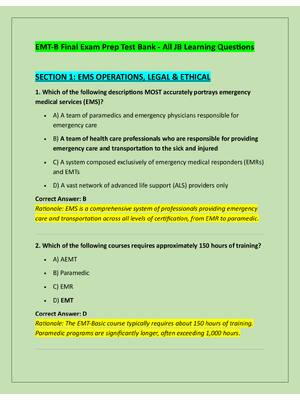 Preview of EMT-B Final Exam Prep Test Bank - All JB Learning Questions