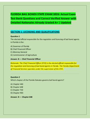 Preview of FLORIDA BAIL BONDS STATE EXAM 2026: Actual Exam  Test Bank Questions and Correct Verified