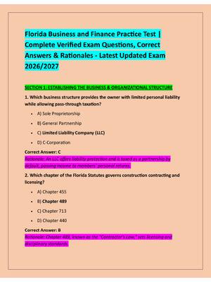 Preview image for Florida Business and Finance Practice Test |  Complete Verified Exam Questions, Correct  Answers & Rationales - Latest Updated Exam  2026/2027
