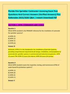 Preview image for Florida Fire Sprinkler Contractor Licensing Exam Test  Questions And Correct Answers (Verified Answers) Plus  Rationales 2025/2026 Q&A | Instant Download Pdf