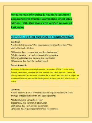 Preview of Fundamentals of Nursing & Health Assessment -  Comprehensive Practice Examination Latest 2
