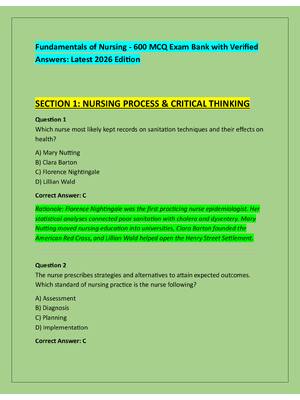 Preview of Fundamentals of Nursing - 600 MCQ Exam Bank with Verified  Answers: Latest 2026 Edition