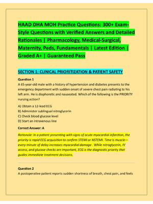 Preview image for HAAD DHA MOH Practice Questions: 300+ Exam Style Questions with Verified Answers and Detailed  Rationales | Pharmacology, Medical-Surgical,  Maternity, Peds, Fundamentals | Latest Edition |  Graded A+ | Guaranteed Pass