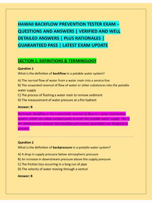 Preview image for HAWAII BACKFLOW PREVENTION TESTER EXAM –  QUESTIONS AND ANSWERS | VERIFIED AND WELL  DETAILED ANSWERS | PLUS RATIONALES |  GUARANTEED PASS | LATEST EXAM UPDATE