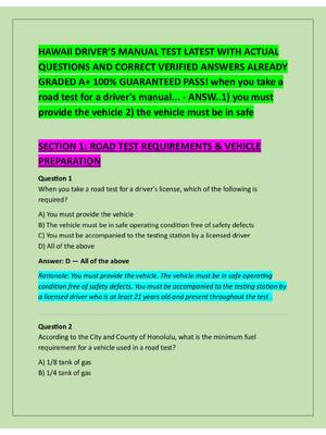 Preview of HAWAII DRIVER’S MANUAL TEST LATEST WITH ACTUAL  QUESTIONS AND CORRECT VERIFIED ANSWERS ALR