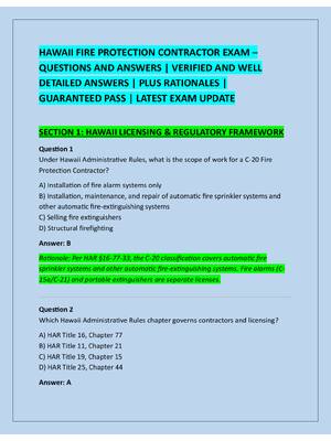 Preview of HAWAII FIRE PROTECTION CONTRACTOR EXAM –  QUESTIONS AND ANSWERS | VERIFIED AND WELL  DETAI