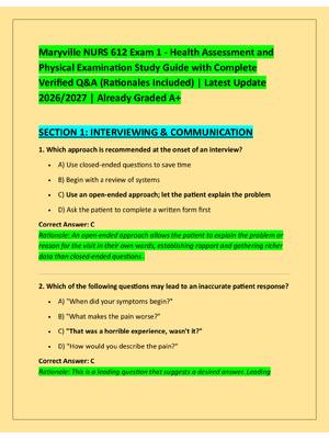 Preview of Maryville NURS 612 Exam 1 - Health Assessment and  Physical Examination Study Guide with C