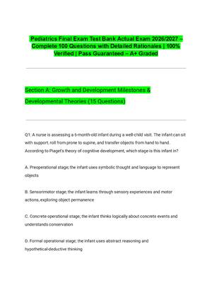 Preview of Pediatrics Final Exam Test Bank Actual Exam 2026/2027 – Complete 100 Questions with Detailed Rationales | 100% Verified | Pass Guaranteed – A+ Graded