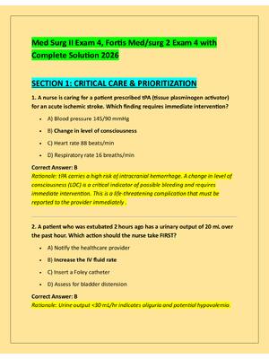 Preview of Med Surg II Exam 4, Fortis Med/surg 2 Exam 4 with  Complete Solution 2026
