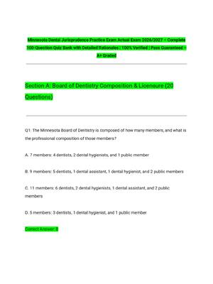 Preview image for Minnesota Dental Jurisprudence Practice Exam Actual Exam 2026/2027 – Complete 100-Question Quiz Bank with Detailed Rationales | 100% Verified | Pass Guaranteed – A+ Graded