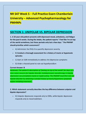 Preview of NR 547 Week 5 – Full Practice Exam Chamberlain  University – Advanced Psychopharmacology f