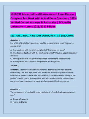 Preview of NUR-631 Advanced Health Assessment Exam Review |  Complete Test Bank with Actual Exam Ques