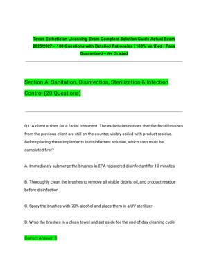 Preview of Texas Esthetician Licensing Exam Complete Solution Guide Actual Exam 2026/2027 – 100 Questions with Detailed Rationales | 100% Verified | Pass Guaranteed – A+ Graded