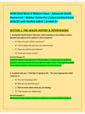 Preview of NURS 6512 Week 6 Midterm Exam - Advanced Health  Assessment - Walden University | Latest U