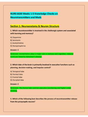 Preview of NURS 6630 Weeks 1-5 Knowledge Checks on  Neurotransmitters and Meds