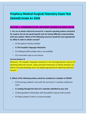 Preview of Prophecy Medical Surgical-Telemetry Exam Test  (Solved) Grade A+ 2026