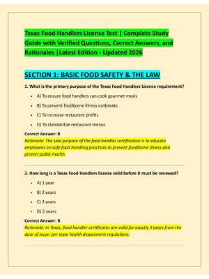 Preview of Texas Food Handlers License Test | Complete Study  Guide with Verified Questions, Correct