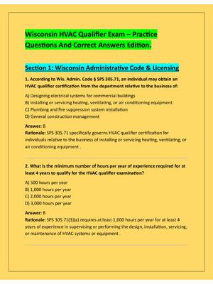 Preview of Wisconsin HVAC Qualifier Exam – Practice  Questions And Correct Answers Edition.