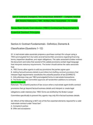 Preview image for Law of Contracts Champions Test Actual Exam 2026/2027 – Complete Solution with Detailed Rationales | 100% Verified | Pass Guaranteed – A+ Graded
