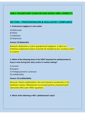 Preview of AMCA PHLEBOTOMY EXAM REVIEW RATED 100% CORRECT!!