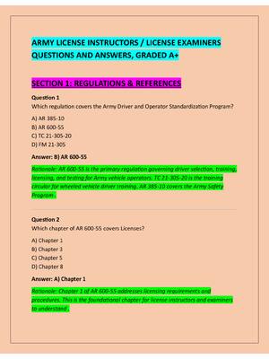 Preview of ARMY LICENSE INSTRUCTORS / LICENSE EXAMINERS  QUESTIONS AND ANSWERS, GRADED A+