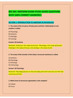 Preview of BIO 201- MIDTERM EXAM STUDY GUIDE QUESTIONS  WITH 100% CORRECT ANSWERS!!