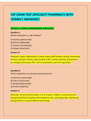 Preview of CSP EXAM TEST (SPECIALTY PHARMACY) WITH  CORRECT ANSWERS!!
