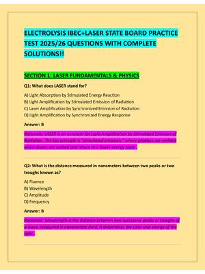 Preview of ELECTROLYSIS IBEC+LASER STATE BOARD PRACTICE  TEST 2025/26 QUESTIONS WITH COMPLETE  SOLUTI