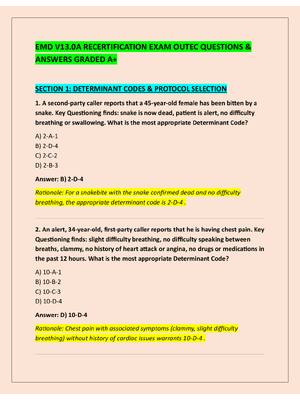 Preview of EMD V13.0A RECERTIFICATION EXAM OUTEC QUESTIONS &  ANSWERS GRADED A+