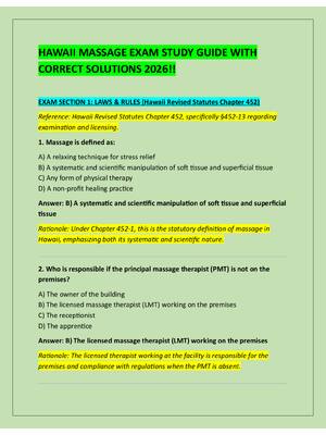 Preview of HAWAII MASSAGE EXAM STUDY GUIDE WITH  CORRECT SOLUTIONS 2026!!