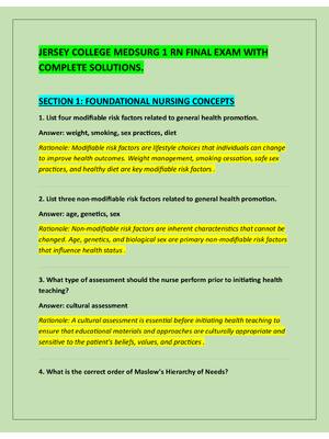 Preview of JERSEY COLLEGE MEDSURG 1 RN FINAL EXAM WITH  COMPLETE SOLUTIONS.