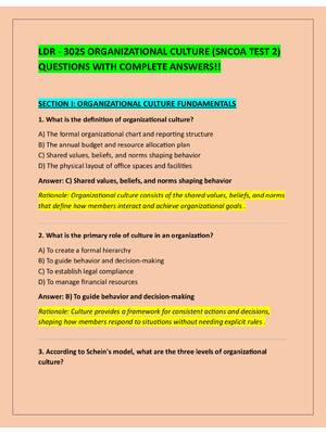 Preview of LDR - 302S ORGANIZATIONAL CULTURE (SNCOA TEST 2)  QUESTIONS WITH COMPLETE ANSWERS!!