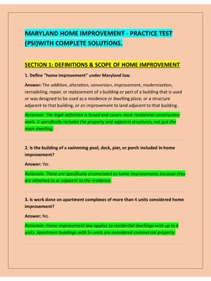Preview of MARYLAND HOME IMPROVEMENT - PRACTICE TEST  (PSI)WITH COMPLETE SOLUTIONS.