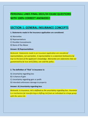 Preview of PERSONAL LINES FINAL 2025/26 EXAM QUESTIONS  WITH 100% CORRECT ANSWERS!!
