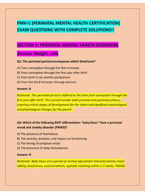 Preview of PMH-C (PERINATAL MENTAL HEALTH CERTIFICATION)  EXAM QUESTIONS WITH COMPLETE SOLUTIONS!!