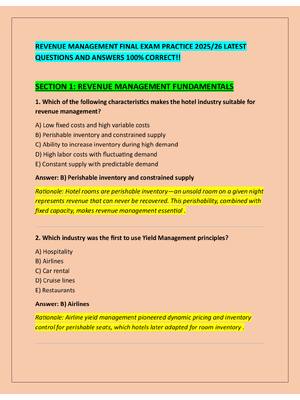Preview of REVENUE MANAGEMENT FINAL EXAM PRACTICE 2025/26 LATEST  QUESTIONS AND ANSWERS 100% CORRECT!