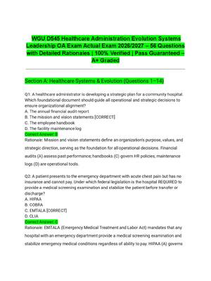 Preview image for WGU D545 Healthcare Administration Evolution Systems Leadership OA Exam Actual Exam 2026/2027 – 56 Questions with Detailed Rationales | 100% Verified | Pass Guaranteed – A+ Graded