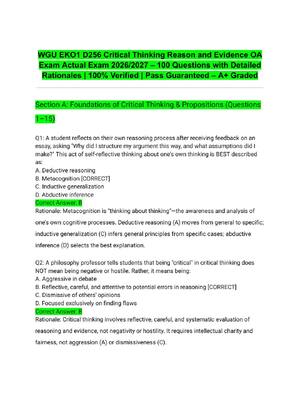 Preview of WGU EKO1 D256 Critical Thinking Reason and Evidence OA Exam Actual Exam 2026/2027 – 100 Qu