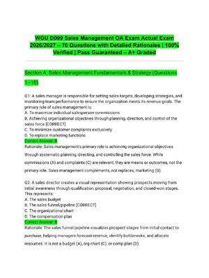 Preview of WGU D099 Sales Management OA Exam Actual Exam 2026/2027 – 70 Questions with Detailed Ratio