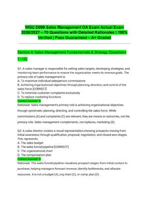 Preview of WGU D099 Sales Management OA Exam Actual Exam 2026/2027 – 70 Questions with Detailed Rationales | 100% Verified | Pass Guaranteed – A+ Graded