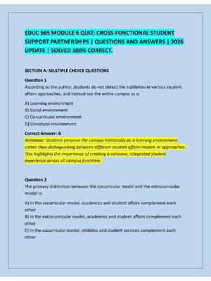 Preview of EDUC 665 MODULE 6 QUIZ: CROSS-FUNCTIONAL STUDENT  SUPPORT PARTNERSHIPS | QUESTIONS AND ANS