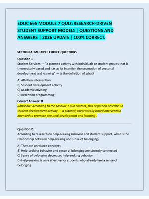 Preview of EDUC 665 MODULE 7 QUIZ: RESEARCH-DRIVEN  STUDENT SUPPORT MODELS | QUESTIONS AND  ANSWERS |