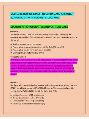Preview of MED-SURG HESI 266 EXAM | QUESTIONS AND ANSWERS |  2026 UPDATE | WITH COMPLETE SOLUTIONS.