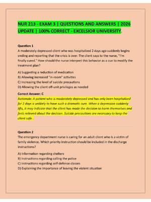 Preview of NUR 213 - EXAM 3 | QUESTIONS AND ANSWERS | 2026  UPDATE | 100% CORRECT - EXCELSIOR UNIVERS