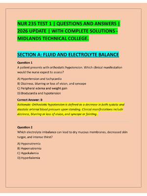 Preview of NUR 235 TEST 1 | QUESTIONS AND ANSWERS |  2026 UPDATE | WITH COMPLETE SOLUTIONS -  MIDLAND