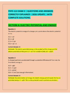 Preview of PHYS 112 EXAM 2 | QUESTIONS AND ANSWERS  CORRECTLY EXPLAINED | 2026 UPDATE | WITH  COMPLET