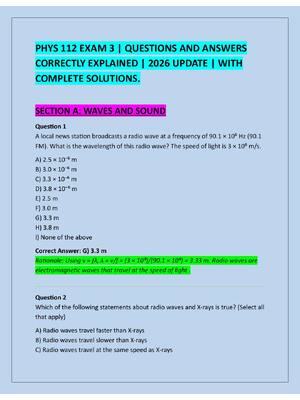Preview of PHYS 112 EXAM 3 | QUESTIONS AND ANSWERS  CORRECTLY EXPLAINED | 2026 UPDATE | WITH  COMPLET